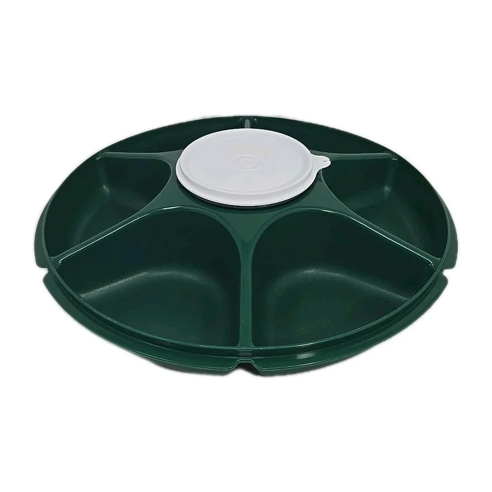 Tupperware Round Green White Chip and Dip Veggie Tray w Lid Vintage‎ U149